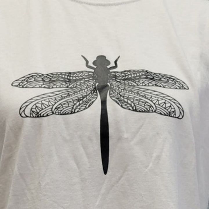 New Hand Printed Womens Medium Dragonfly Short Sleeve Cotton Blend Tee