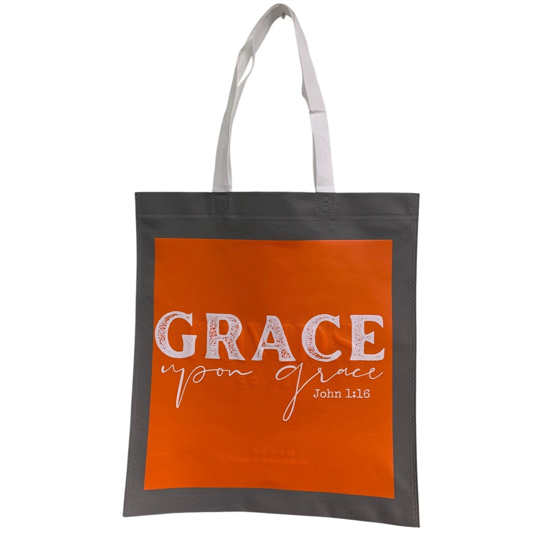 New Upcycled Hand Printed Grace Upon Grace John 1:16 Bible Quote Tote Bag