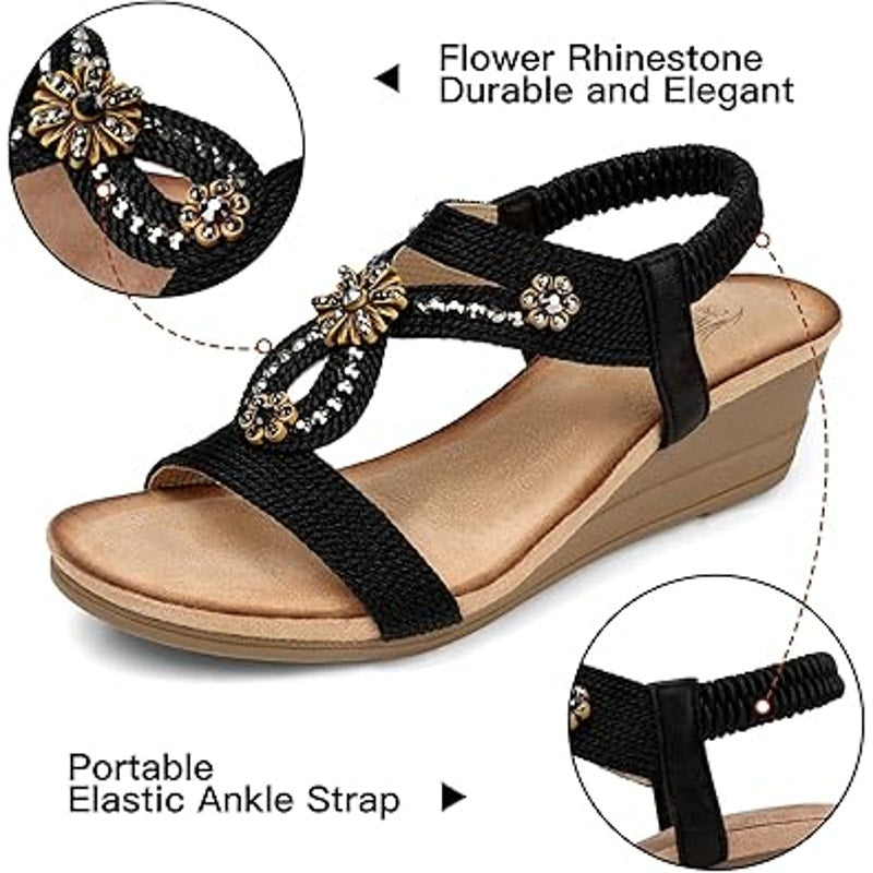 Shibever Womens 8.5 Black Tan Beaded OpenToe 2" Wedge Elastic Strap Sandal Shoes