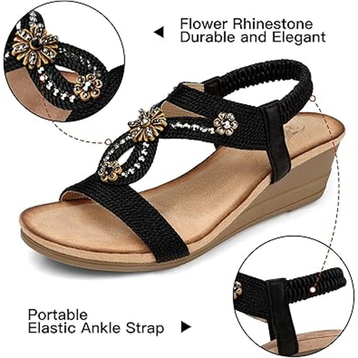 Shibever Womens 8.5 Black Tan Beaded OpenToe 2" Wedge Elastic Strap Sandal Shoes