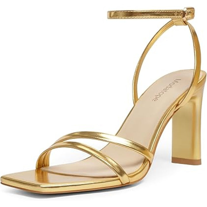 Modatope Womens Size 8 Shiny Gold Open Toe Ankle Strap 3.75" Heel Sandal Shoes