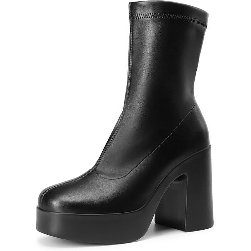 Dream Pairs Womens Size 8 Black Faux Leather Chunky Platform Gogo Ankle Boots