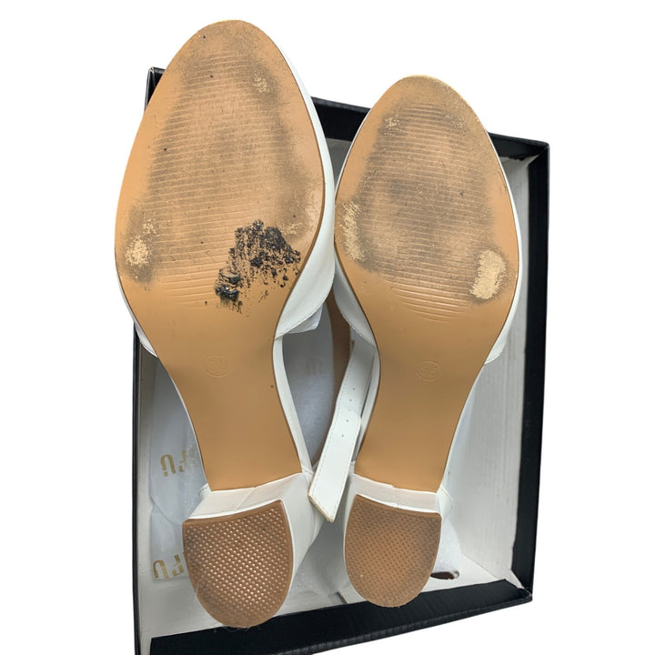 Idifu Womens Size 5.5 White Closed Toe 3" Chunky Heel Ankle Strap Wedding Shoes