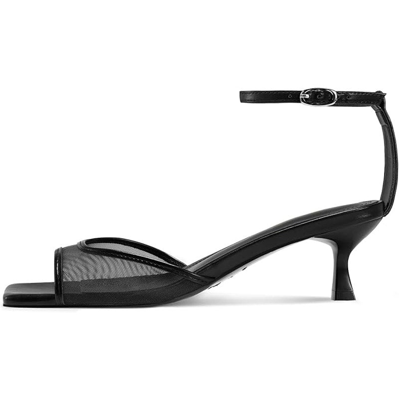 New Isnom Womens Size 8.5 Black Mesh Open Toe Ankle Strap 2" Kitten Heel Shoes