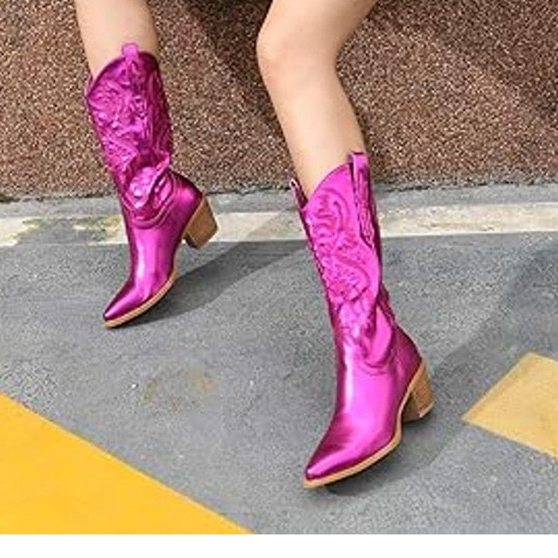 Goserce Womens Size 8 Metallic Pink 2.5" Heel Pull On Western Cowboy Boot Shoes