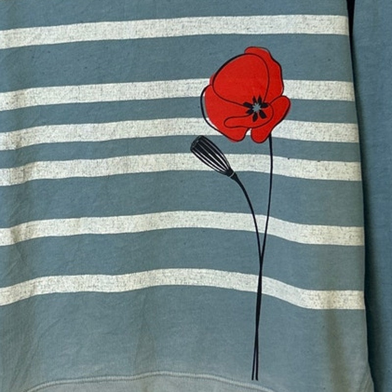 Upcycled Hand Printed Womens Small Red Poppy Flower Striped Sweatshirt