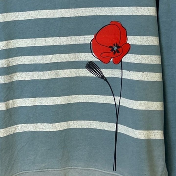 Upcycled Hand Printed Womens Small Red Poppy Flower Striped Sweatshirt