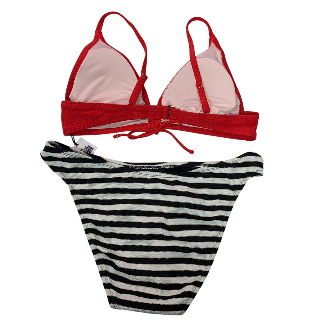 New Shade &amp; Shore Womens Large Red Black Stripe 2PC Bikini Swim Suit