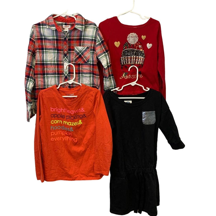 Lot of 4 Girls Small &amp; Medium Long Sleeve Fall Dress Tee Shirt Lot Cat &amp; Jack