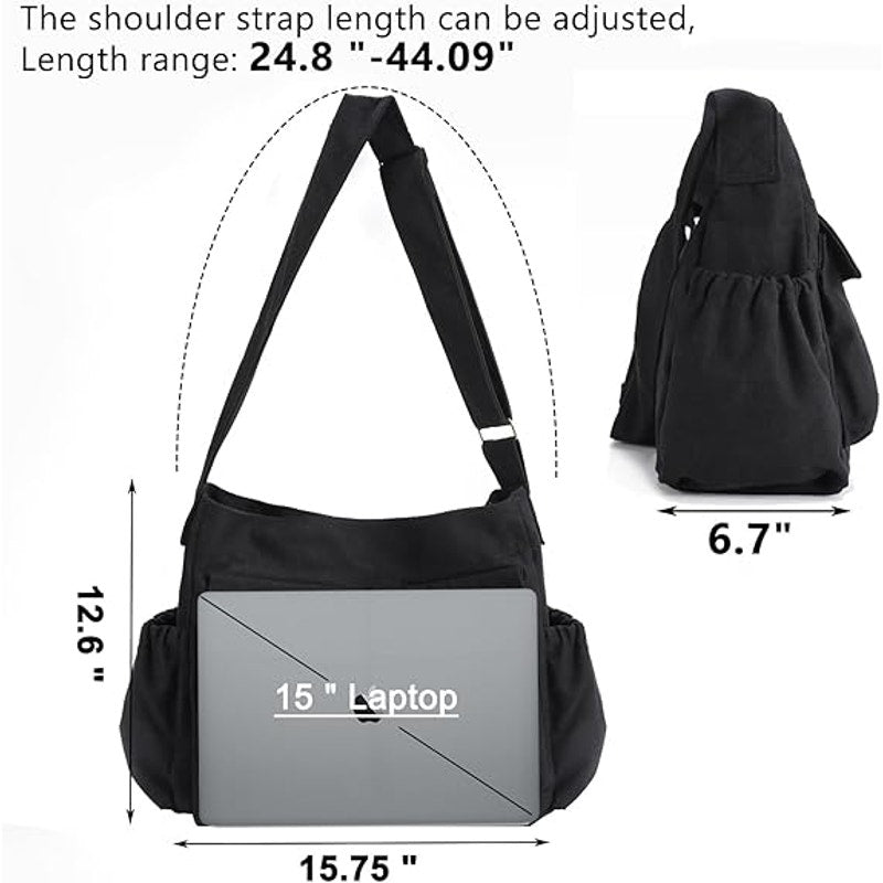 Vodiu Large Black Canvas Messenger Multi Pocket Adjustable Strap Crossbody Bag