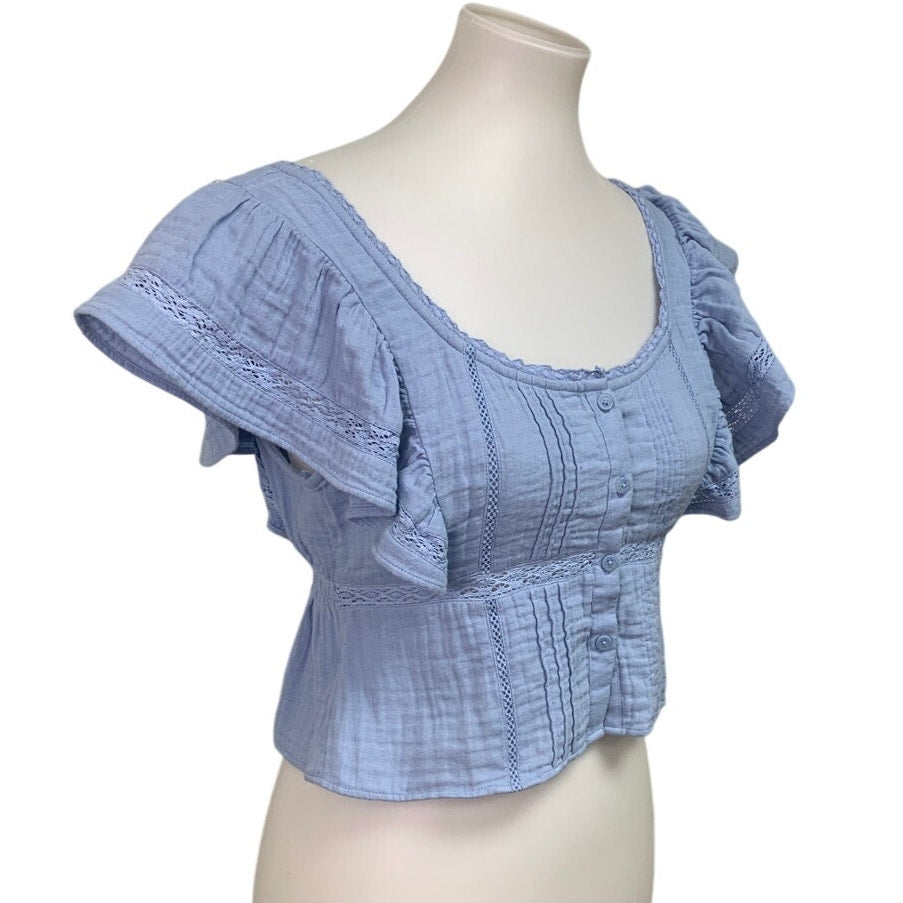 New Aerie Womens Small Pastel Blue Ruffle Sleeve Lace Front Button Cottage Top