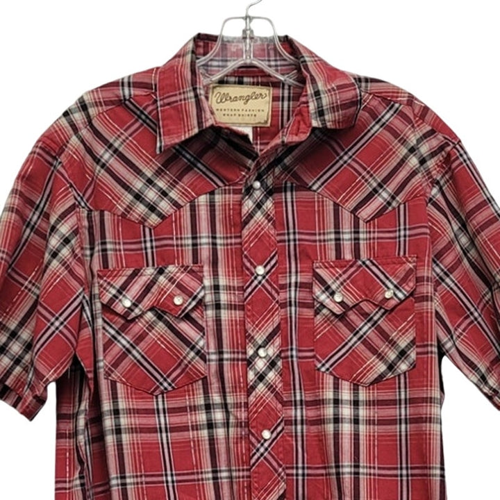 Wrangler Mens Medium PolyCotton Short Sleeve Plaid Pearl Snap Up Western Shirt