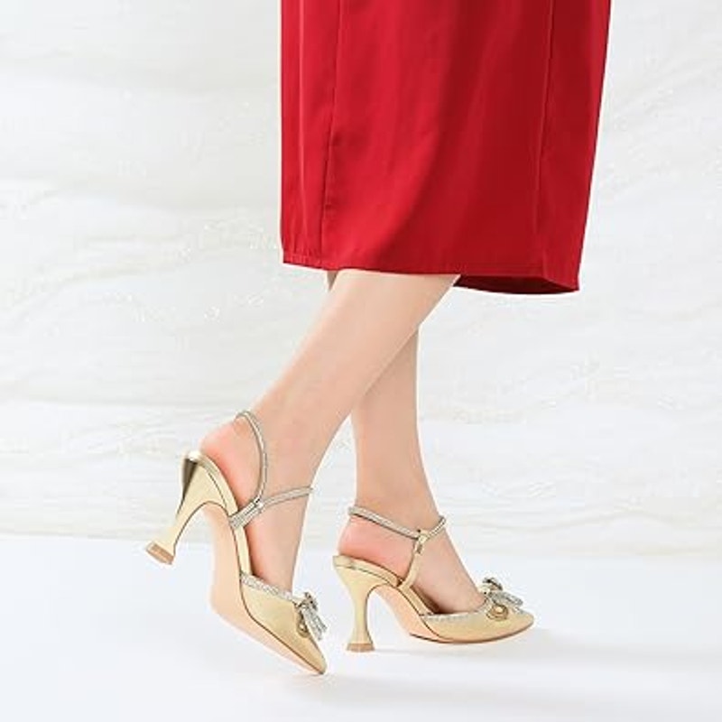 Susanny Womens 9 Shiny Gold Closed Toe Rhinstone 3.5" Heel Ankle Strap Shoes