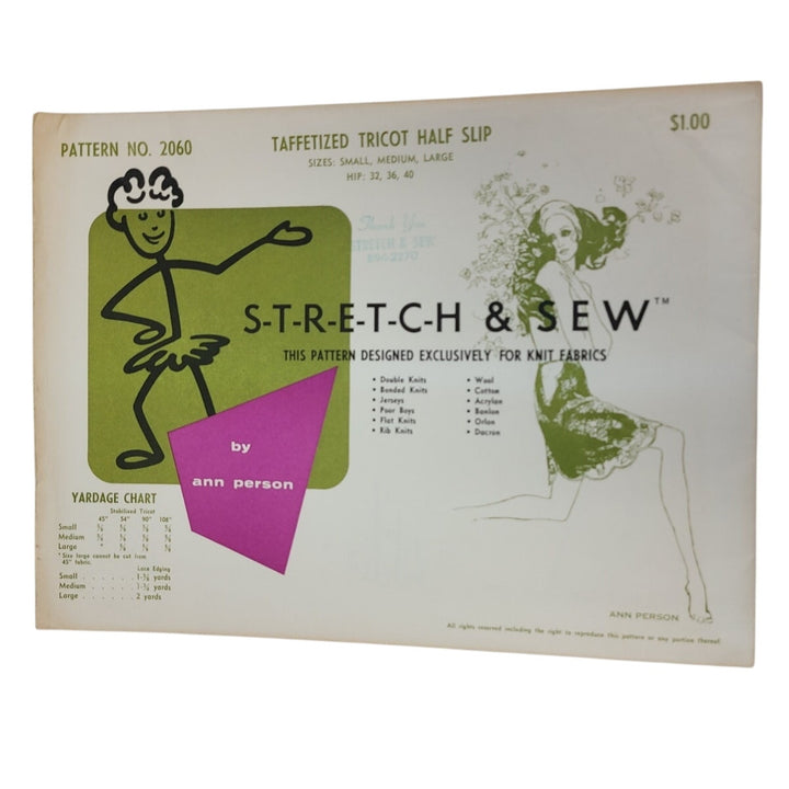 Vintage 1967 Stretch &amp; Sew 2060 Taffetized Tricot Half Slip Uncut Sewing Pattern