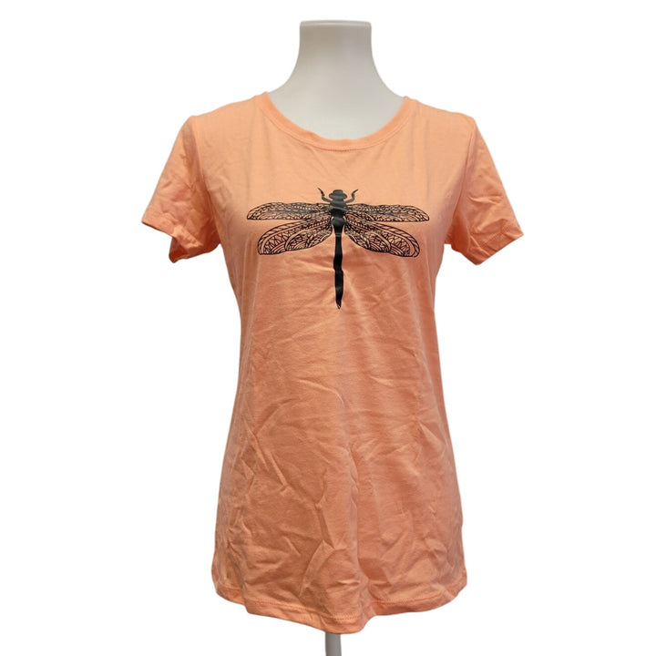 New Hand Printed Womens Medium Dragonfly Short Sleeve Cotton Blend Tee