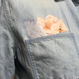 Hand Printed Upcycled Small Rose Flower Lacy Long Sleeve Denim Button Down Shirt
