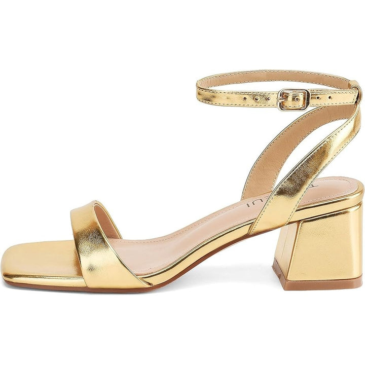 Teaieui Womens Size 9 Gold 2.25" Chunky Heel Open Square Toe Ankle Strap Shoes