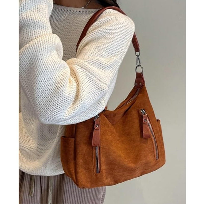 Womens Chestnut Brown Faux Suede Zip Close Satchel Shoulder Crossbody Bag Purse