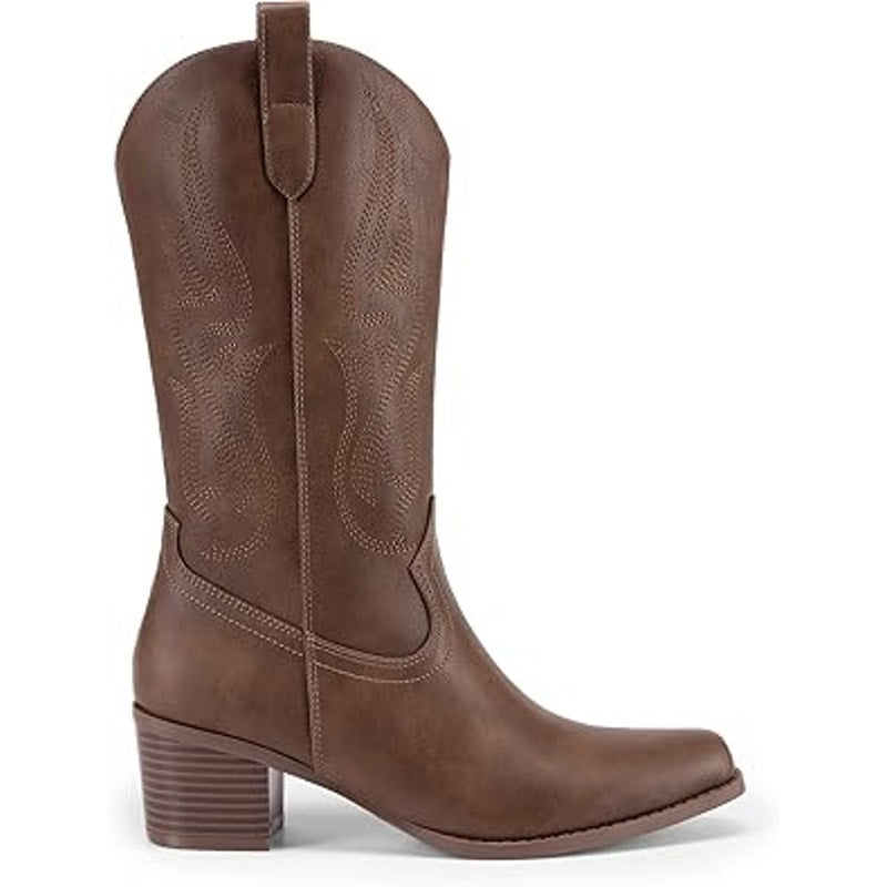 Dream Pairs Womens Size 8 Brown Faux Leather Embroidered 2.5" Heel Cowboy Boots