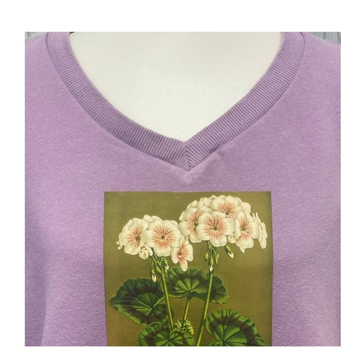 Hand Printed Medium Vintage Botanical Floral Recycled Polyester VNeck Sweatshirt
