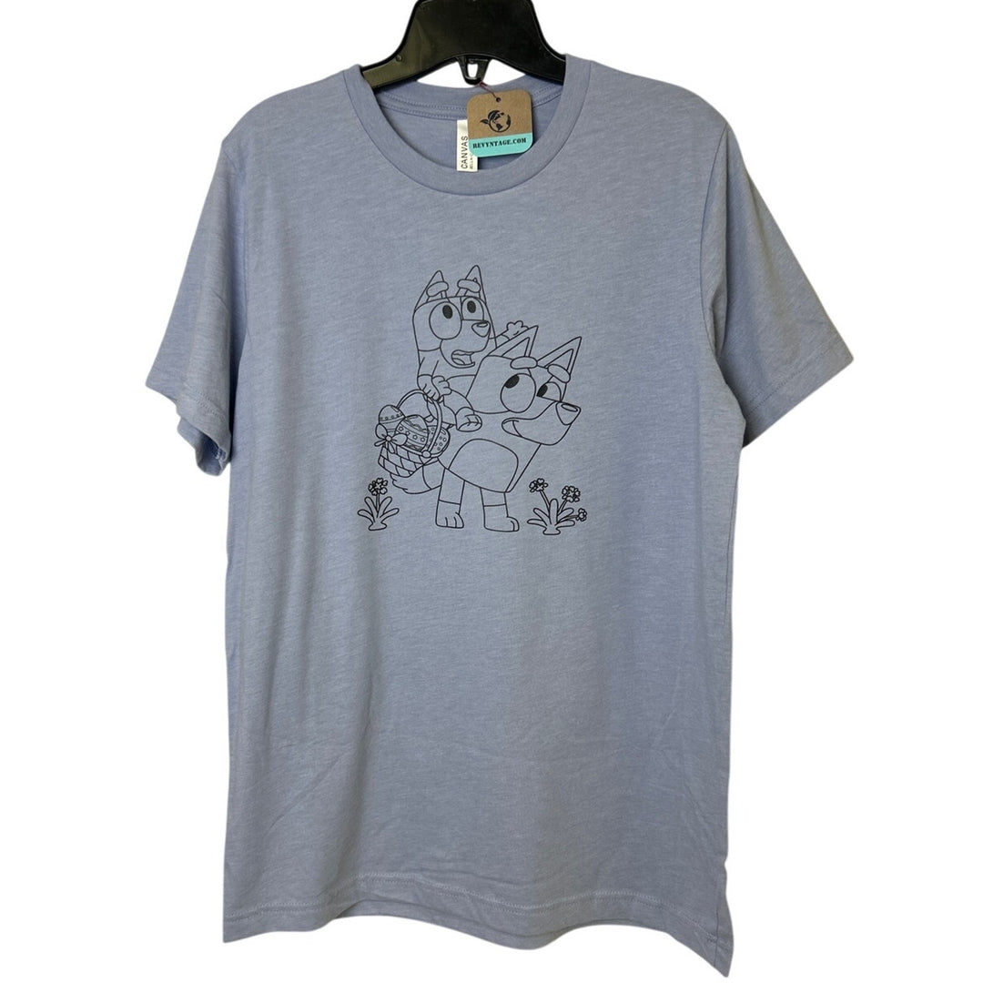 New Hand Printed Womens Small Bluey Bingo Easter Egg Short Sleeve Tee Shirt