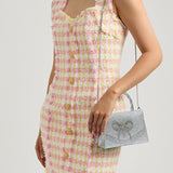 Womens Silver Sparkly Glitter Bow Clutch Shoulder Dressy Evening Purse Handbag