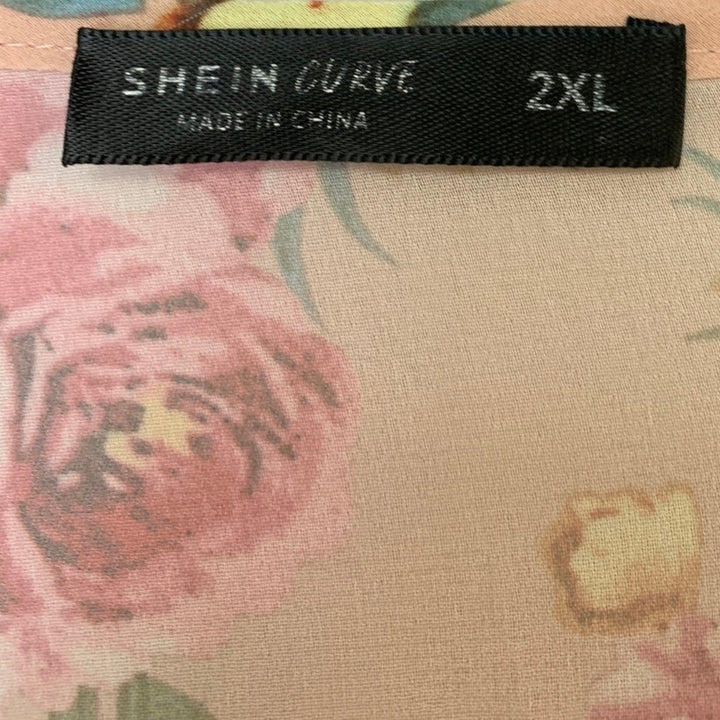 Shein Curve Womens 2XL Pink Rose Floral Long Sleeve Open Front Cardigan