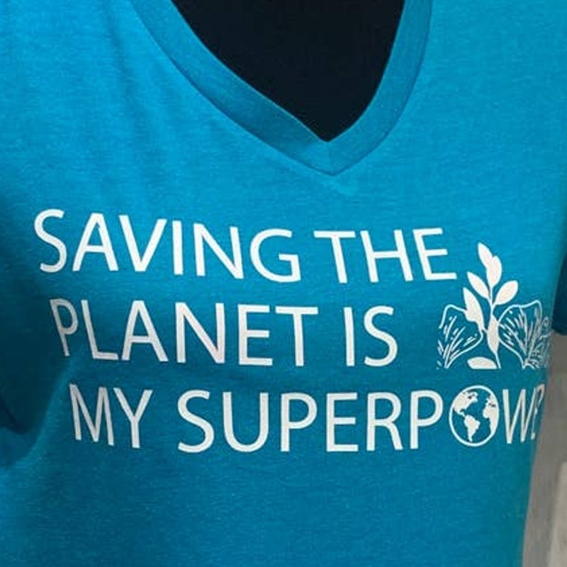 Hand Printed Upcycled Womens Medium Saving the Planet is My Superpower VNeck Tee