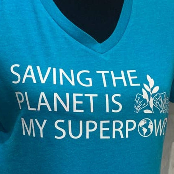 Hand Printed Upcycled Womens Medium Saving the Planet is My Superpower VNeck Tee