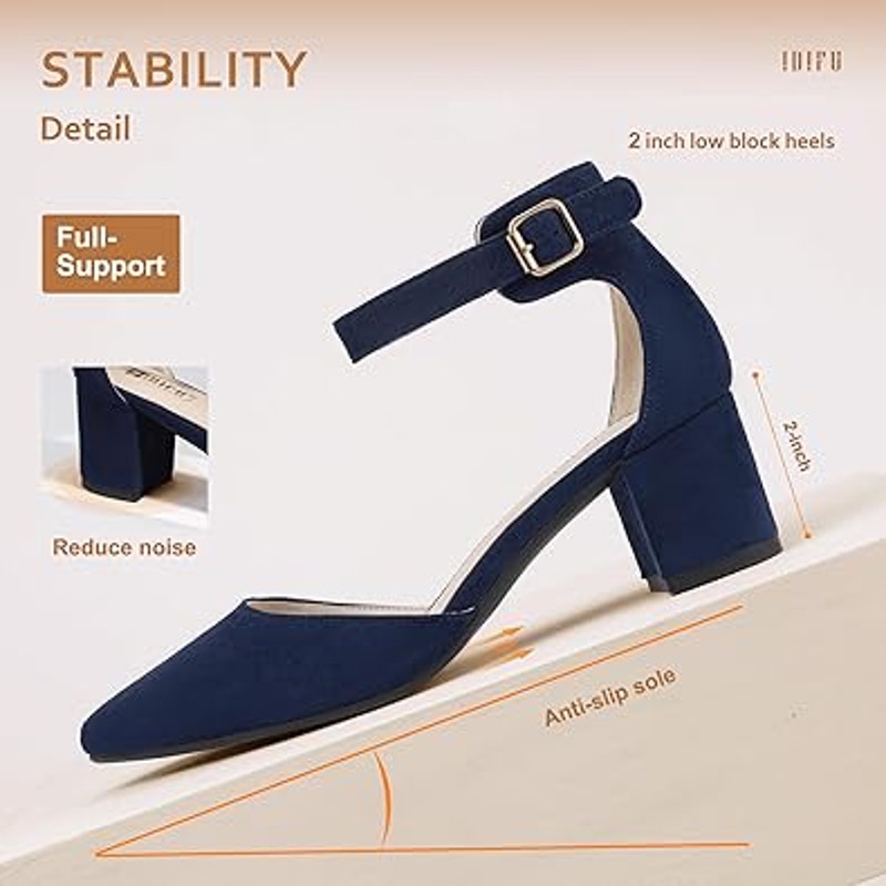 Idifu Womens Size 6 Navy Faux Suede Closed Toe 2" Block Heel Ankle Strap Shoes