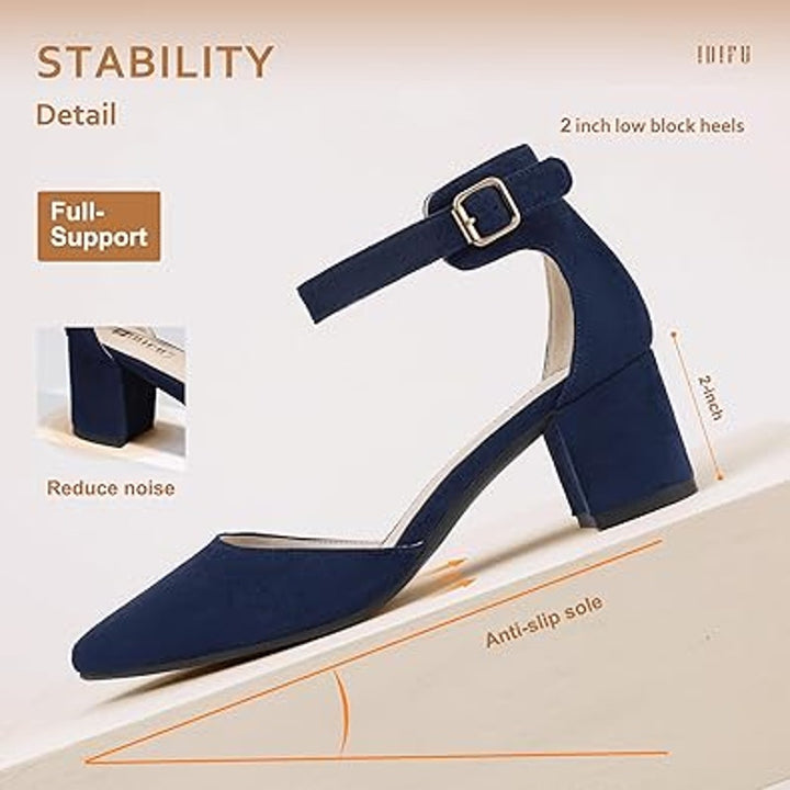 Idifu Womens Size 6 Navy Faux Suede Closed Toe 2" Block Heel Ankle Strap Shoes