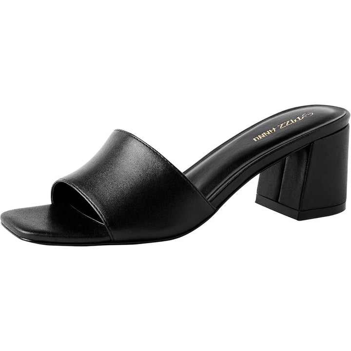 New Pizz Annu Womens 7 Black Faux Leather Open Toe 2.5" Block Heel Shoes w Flaw