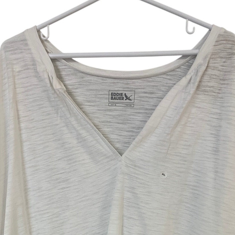 New Eddie Bauer Womens XL White Sunny Slub Short Sleeve Notch VNeck Tee Shirt