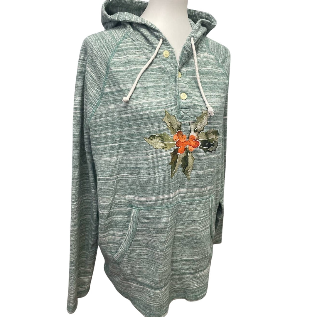 Hand Printed Womens XL Upcycled Christmas Holly Leaves Berries 1/4 Button Hoodie
