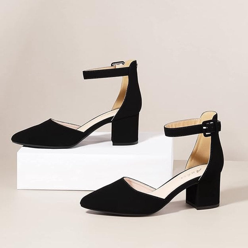 Ankis Womens Size 8.5 Black 2" Chunky Heel Closed Pointed Toe Ankle Strap Shoes