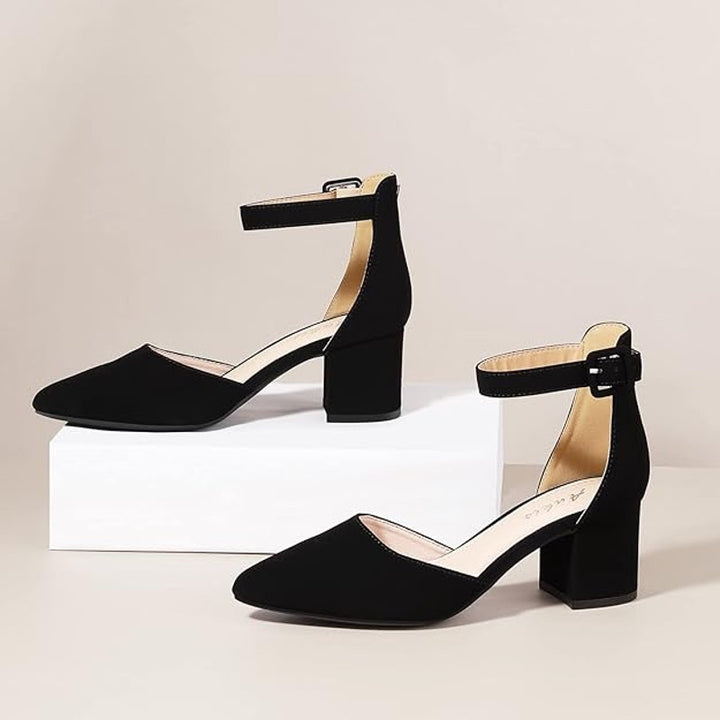 Ankis Womens Size 8.5 Black 2" Chunky Heel Closed Pointed Toe Ankle Strap Shoes