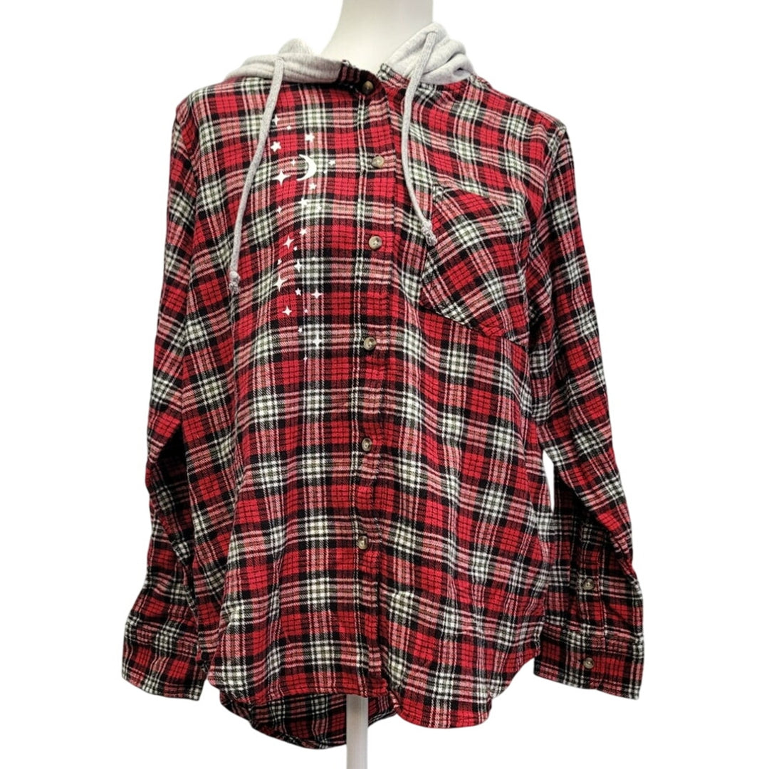 New Hand Printed Womens Medium This is My Camping Hoodie Flannel Button Up Shirt