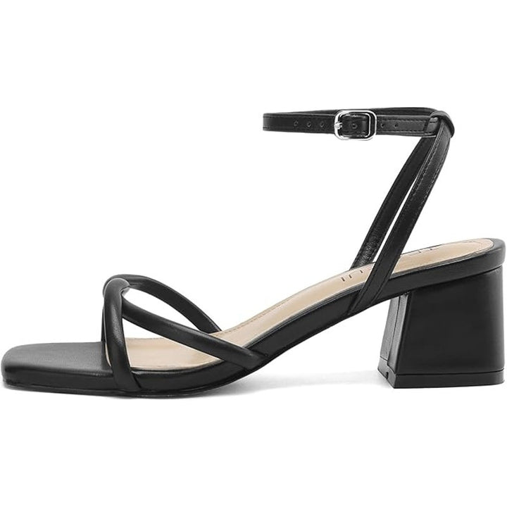 New Teaieui Womens Size 6.5 Black Open Toe 2.5" Block Heel Ankle Strap Shoes