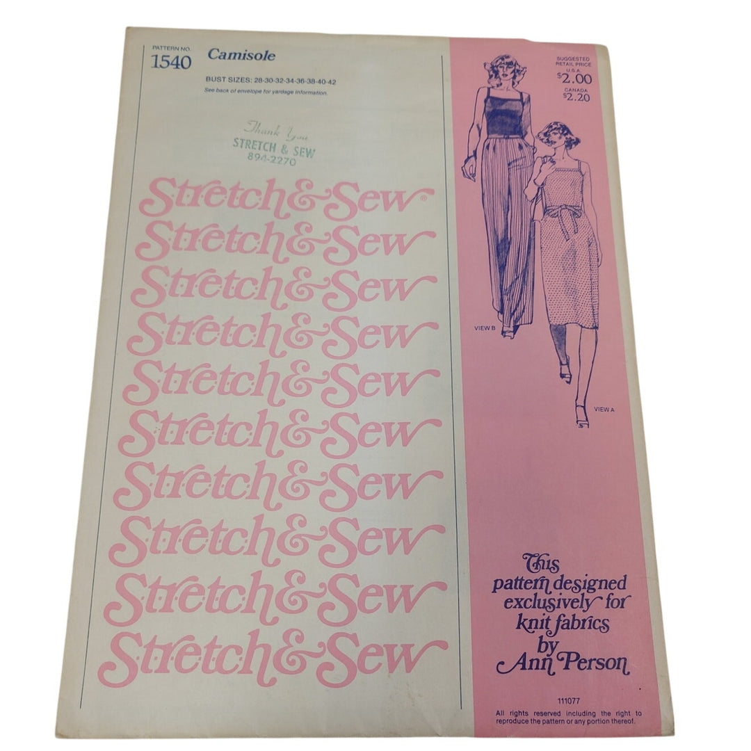 1977 Stretch &amp; Sew 1540 Camisole Sewing Pattern, Complete &amp; Uncut