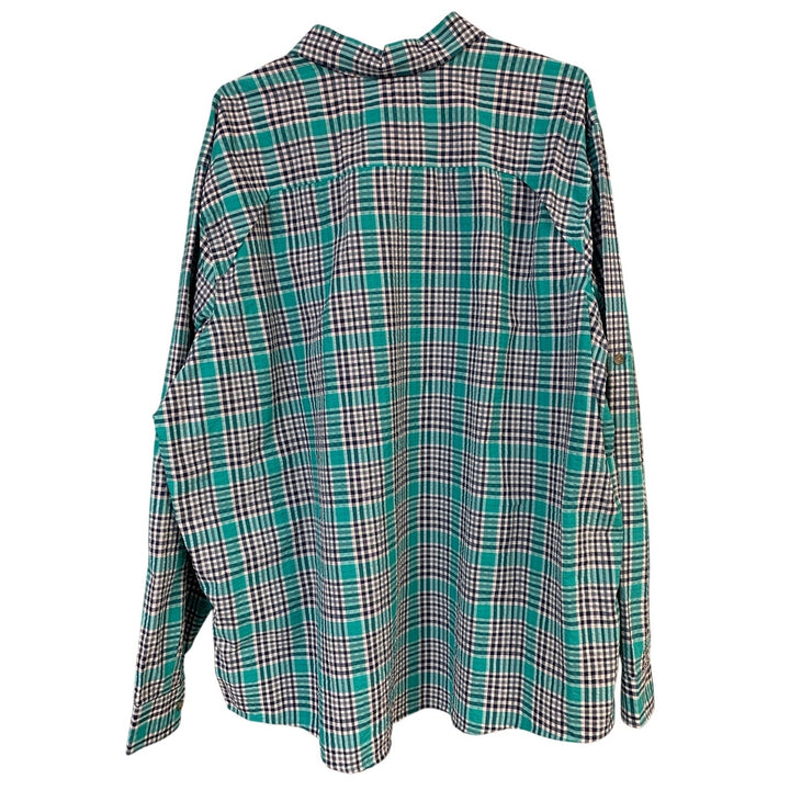 New Eddie Bauer Mens 2XL Aqua Blue Plaid Classic Long Sleeve Pack It Tech Shirt