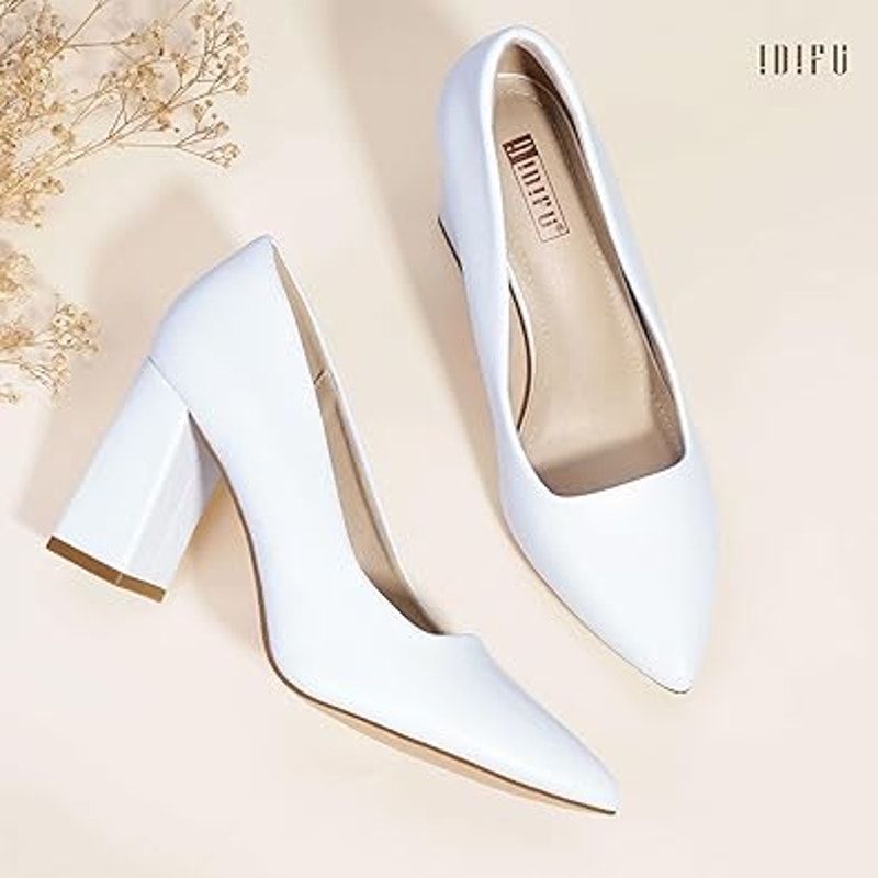 Idifu Womens Size 7.5 White Pointy Toe 3.5" Block Heel Slide On Pumps Shoes