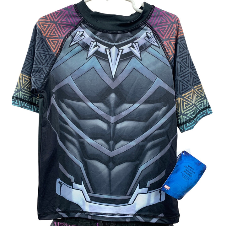 New Marvel Avengers Black Panther Boys XS 2PC Swim Trunk Swimming Shirt Set