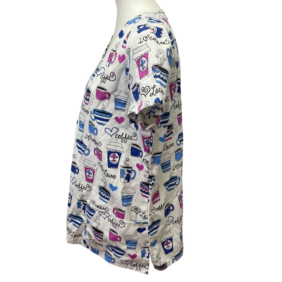 Lot of 2 24/7 Comfort Womens Large Cotton Blend Love Coffee V-Neck Scrub Tops