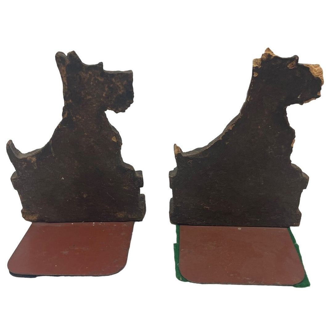 Vintage Hand Carved Wooden Scottie Dog Bookends w Chipped Ear