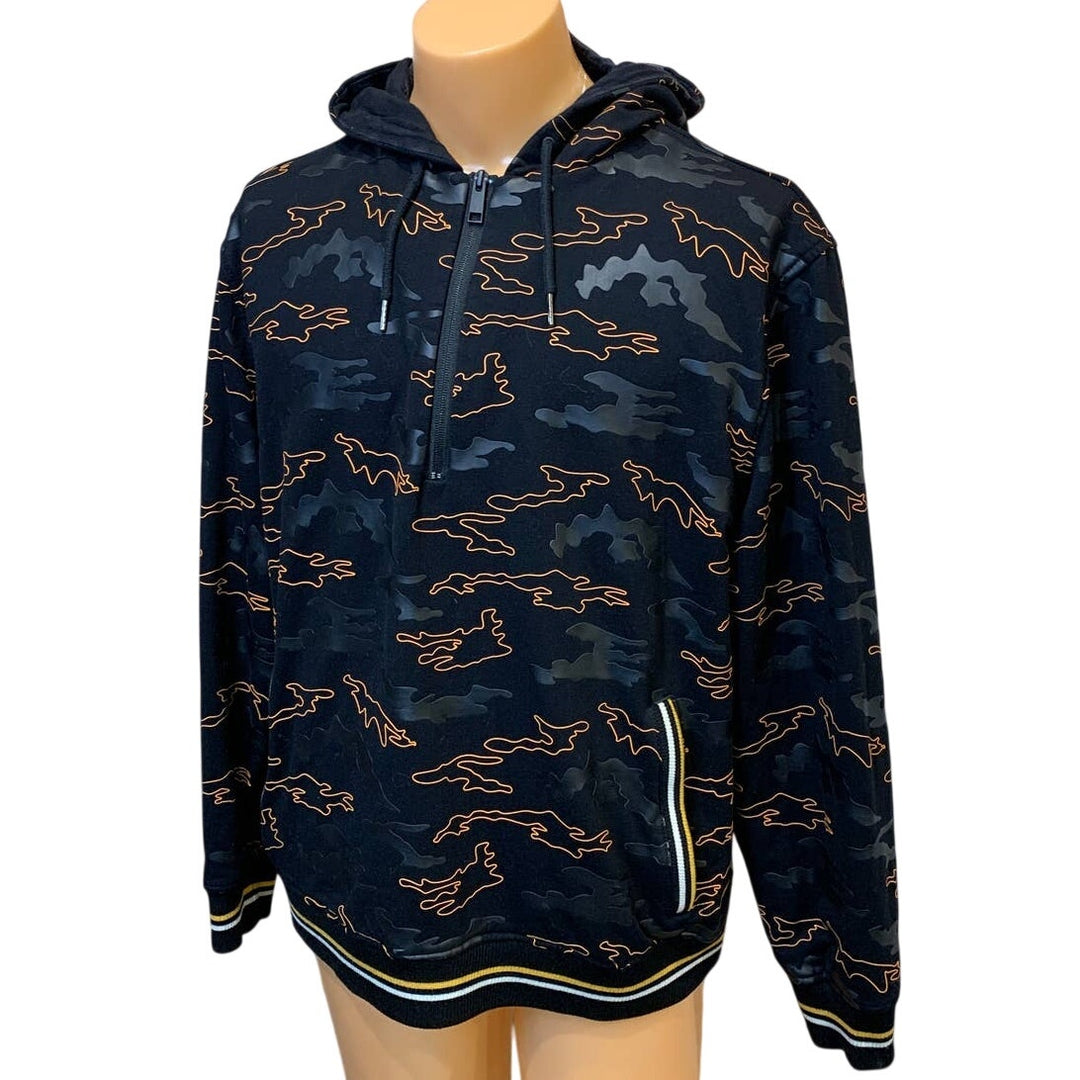 Daniel Won Large Rubber Black Orange Camo Micro Terry 1/4 Zip Hoodie Jacket