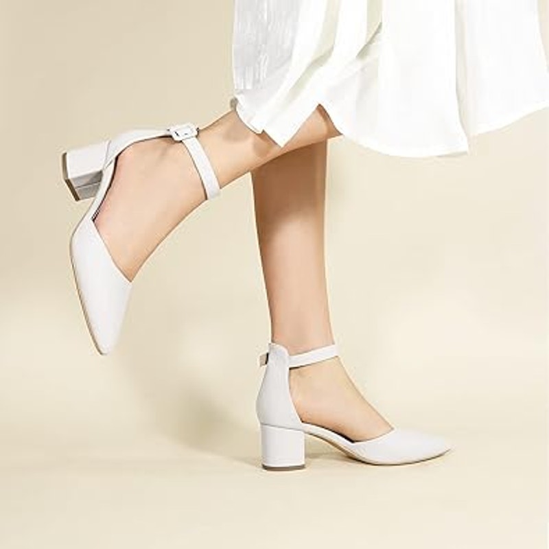 Boxed Ankis Womens 7.5 White Closed Toe Ankle Strap Low Block Chunky Heels Pumps