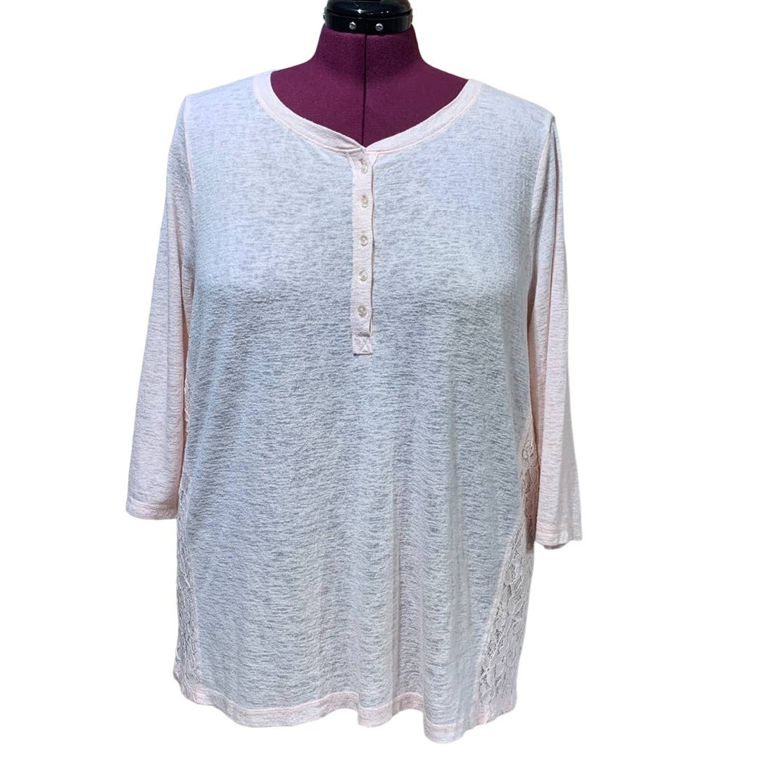 Sonoma 2X Pink Lace Sides Flowy 1/2 Button Down Henley 3/4 Sleeve Top Blouse