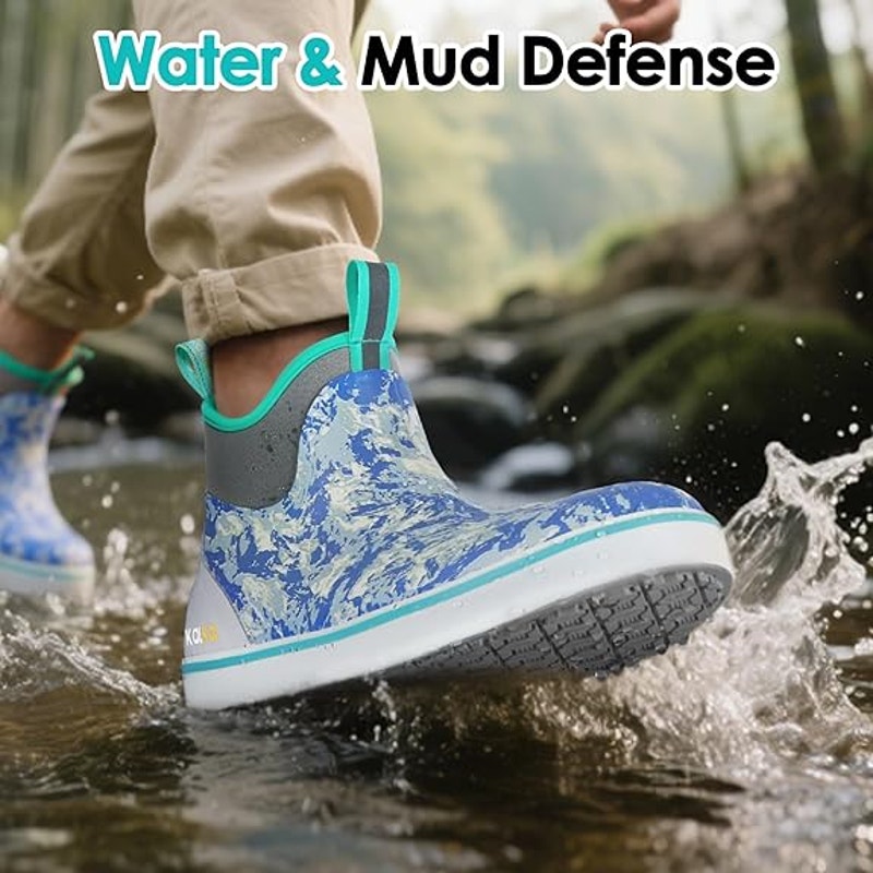 Kalkal Mens Size 10 Blue Gray Waterproof Fishing Rain High Traction Rubber Boots