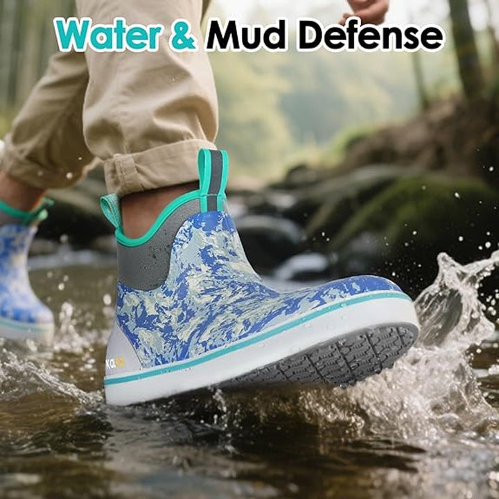Kalkal Mens Size 10 Blue Gray Waterproof Fishing Rain High Traction Rubber Boots