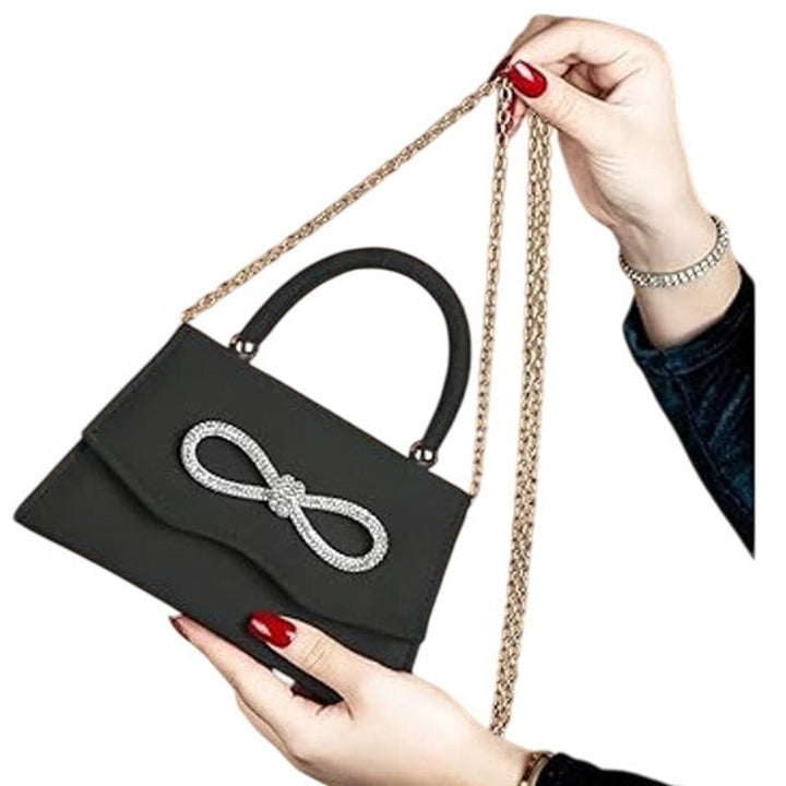 New Womens Black Faux Suede Silver Rhinestone Bow Optional Chain Evening Bag